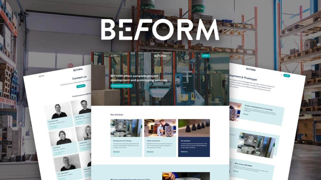 images of pages from the new BEFORM website over a background image from a warehouse